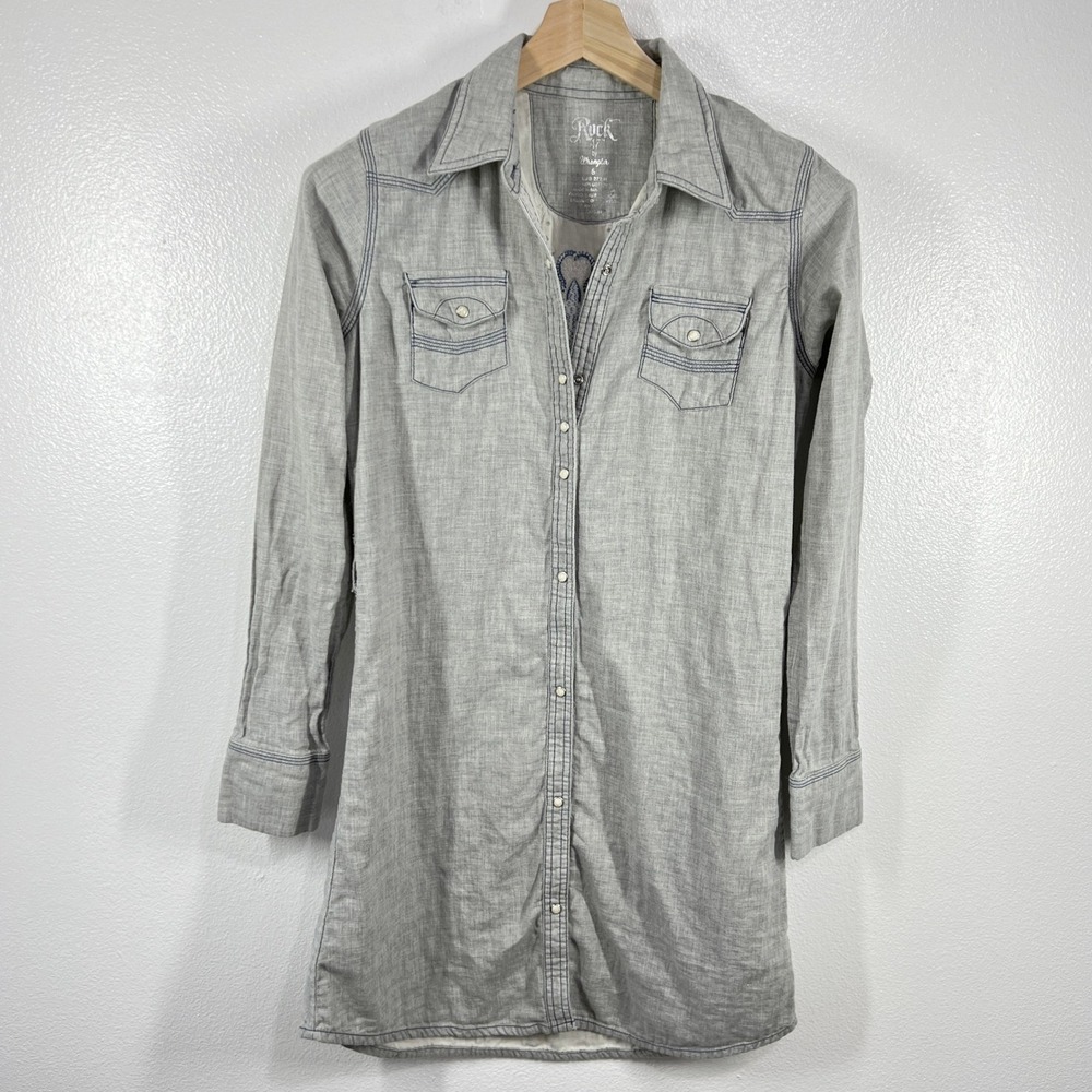 Rock 47 by Wrangler Shirt Dress‎ Western Cross Embroidered Long Sleeve Gray S